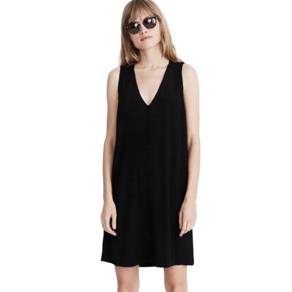 Madewell Dress Womens Medium Black Linen Blend V-Neck Sleeveless Shift Side Slit